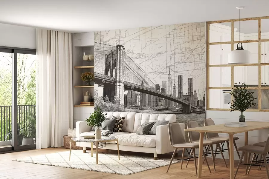 Carta da parati con la vista di città Panorama del ponte di Brooklyn realizzato con una tecnica di schizzo retrò con linee e graffi 