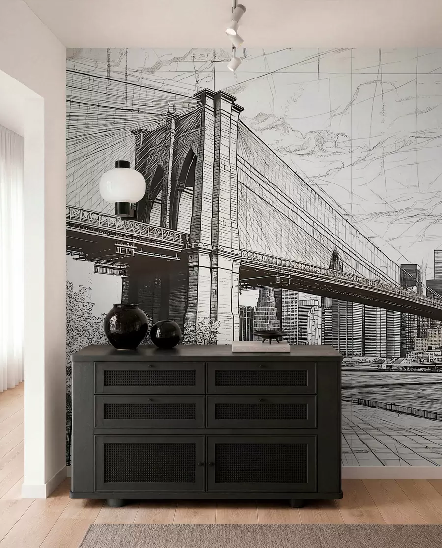 Carta da parati con la vista di città Panorama del ponte di Brooklyn realizzato con una tecnica di schizzo retrò con linee e graffi 