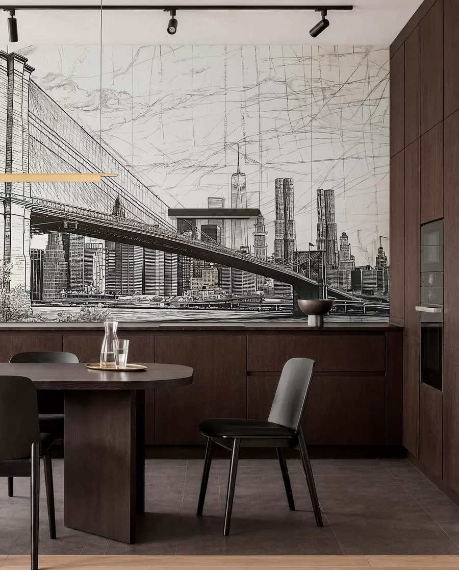 Carta da parati con la vista di città Panorama del ponte di Brooklyn realizzato con una tecnica di schizzo retrò con linee e graffi 