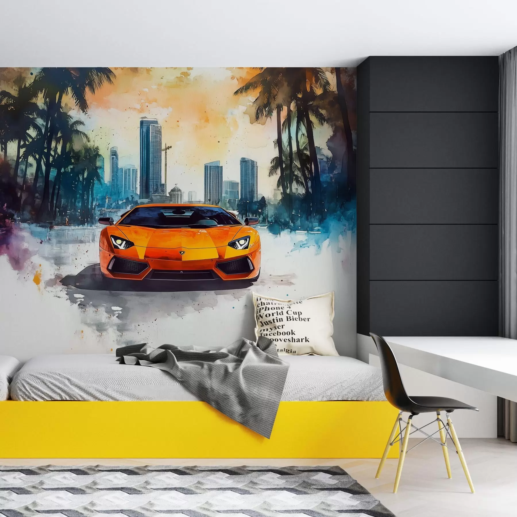 Carta da parati Tecnica e trasporto Auto sportiva moderna e luminosa su sfondo di palme e grattacieli in tecnica acquerello a la prima n. w01964