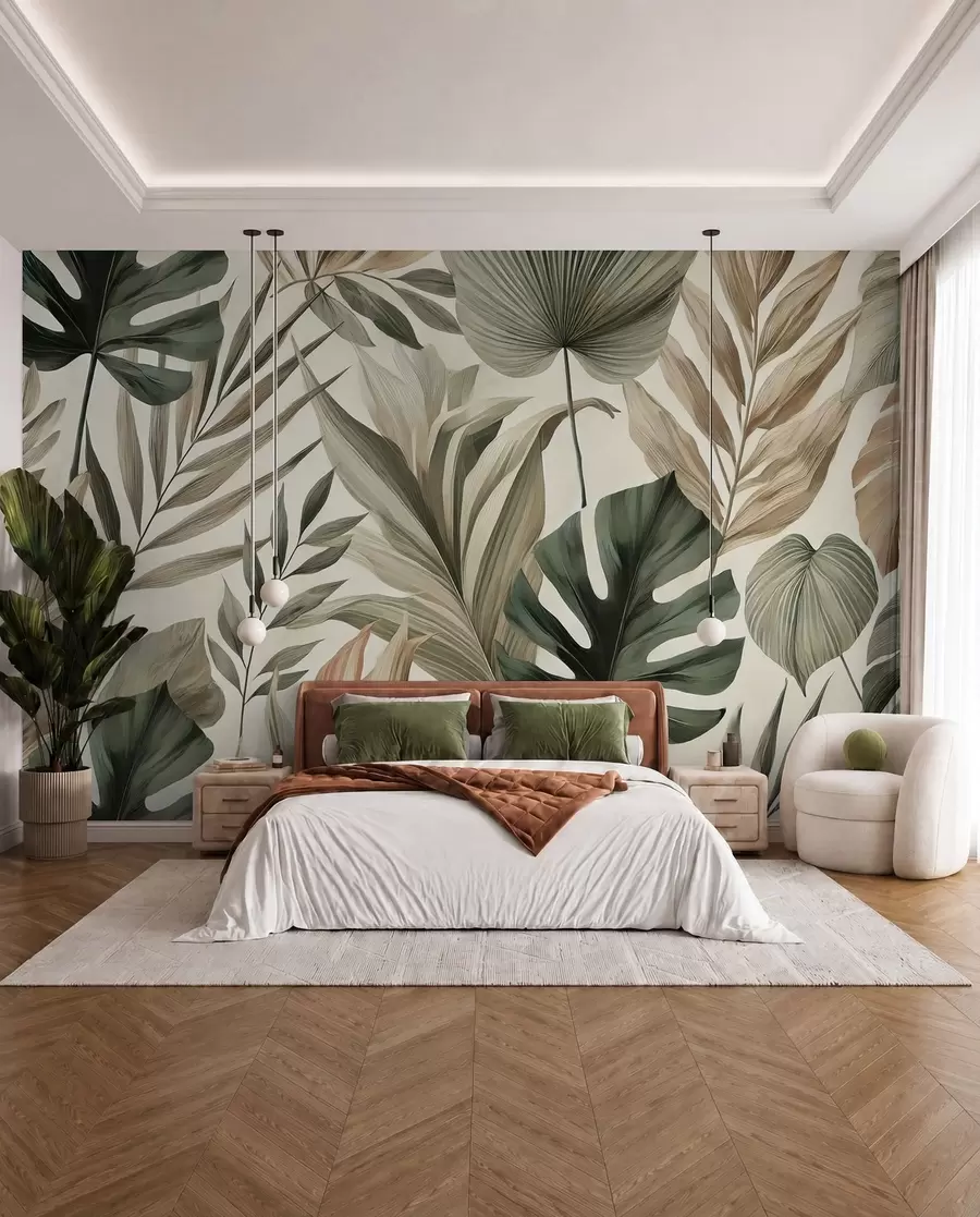 Carta da parati nature Grandi foglie tropicali in delicate tonalità pastello 
