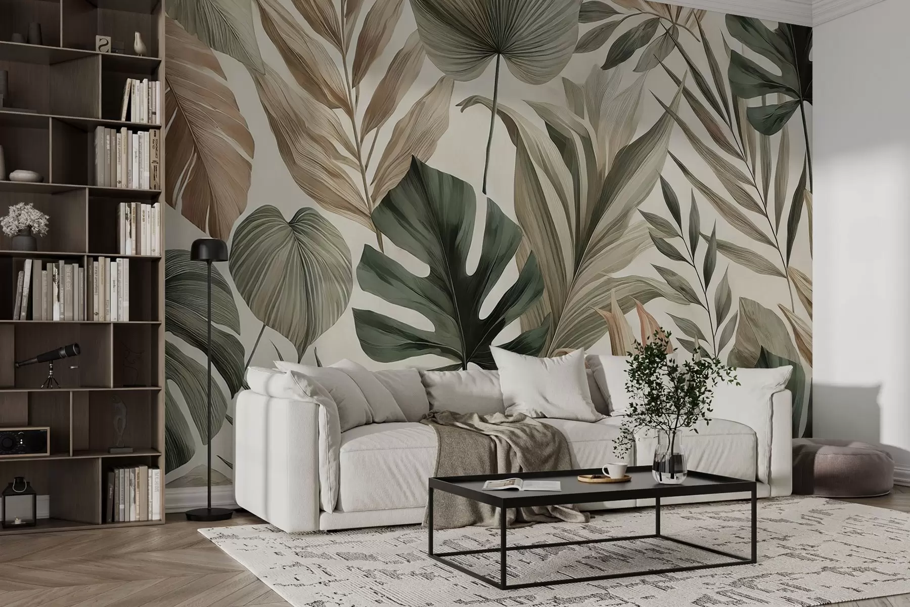 Carta da parati nature Grandi foglie tropicali in delicate tonalità pastello 