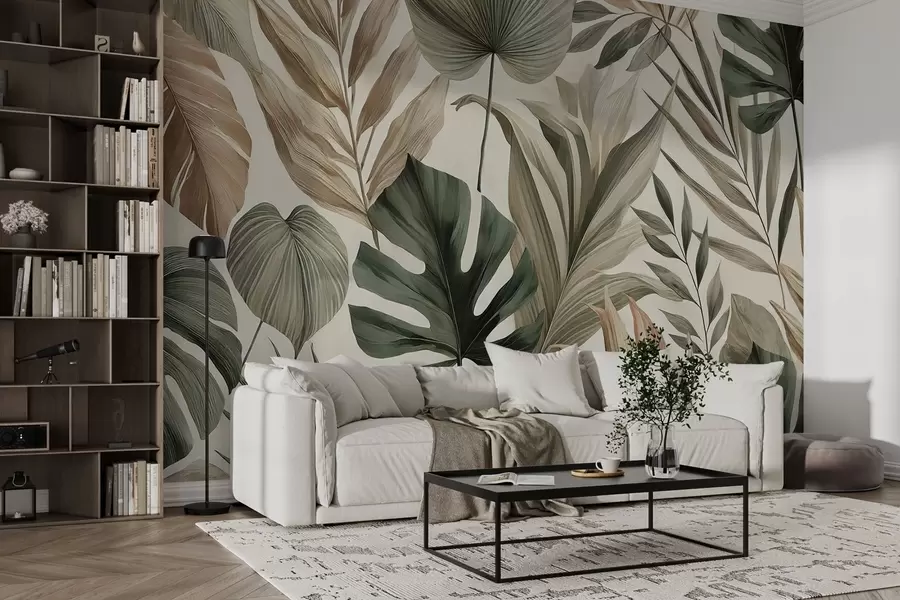 Carta da parati nature Grandi foglie tropicali in delicate tonalità pastello 