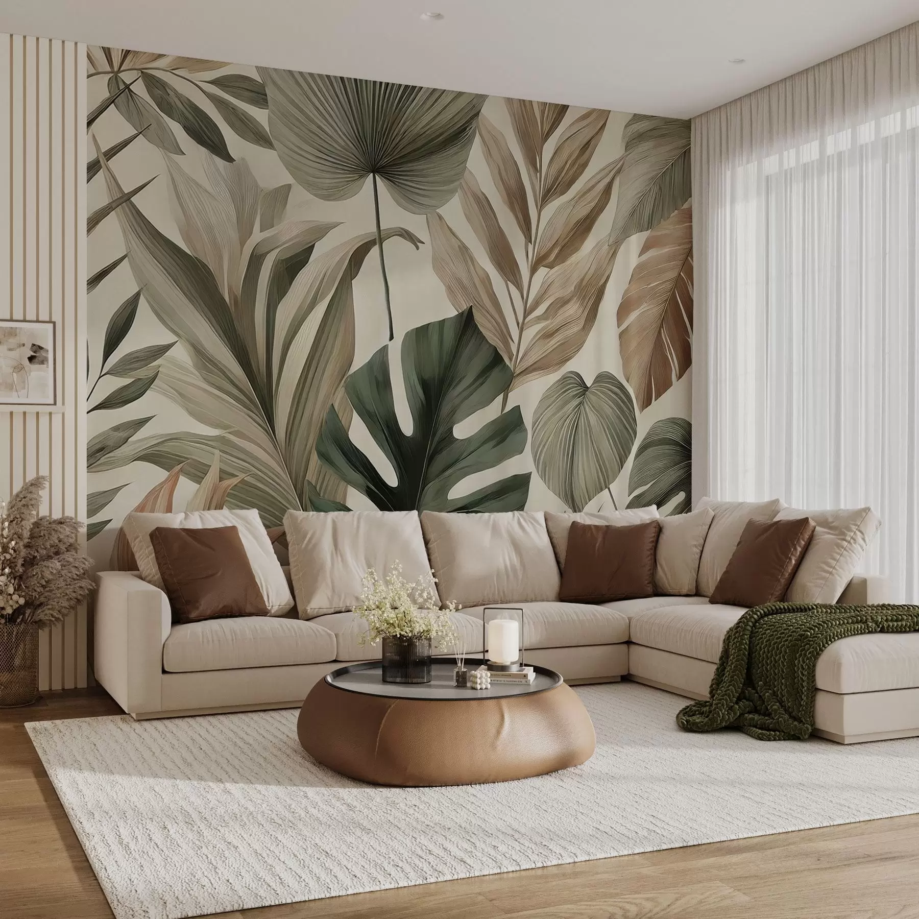 Carta da parati nature Grandi foglie tropicali in delicate tonalità pastello 