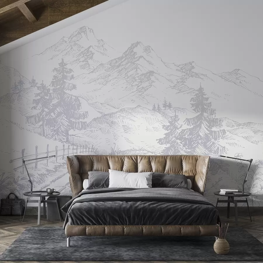 Carta da parati nature Paesaggio sereno di montagne e alberi 