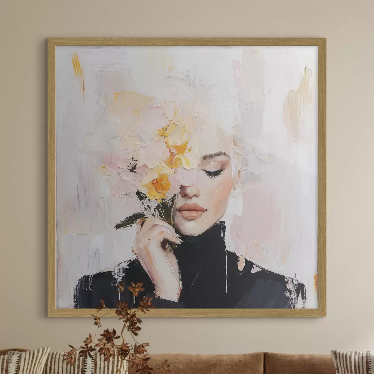 Poster Donna astratta con un bouquet di fiori tra le mani con pennellate di colore f41355