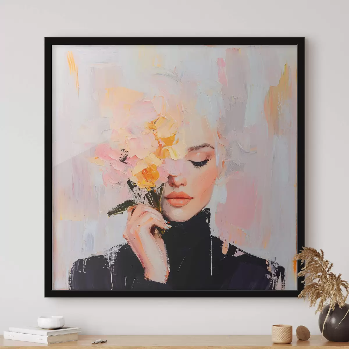 Poster Donna astratta con un bouquet di fiori tra le mani con pennellate di colore f41355