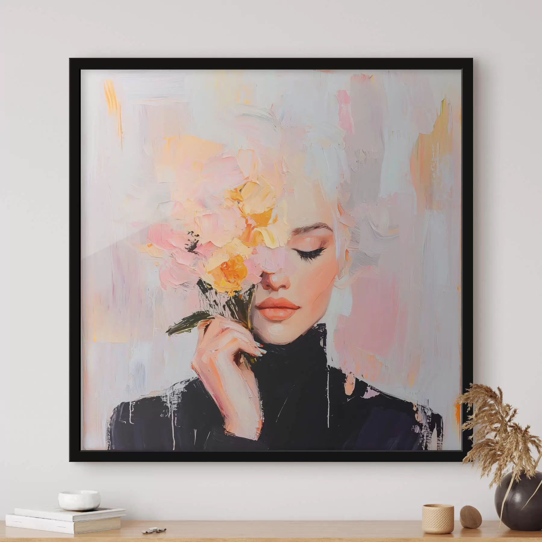 carta da parati Donna astratta con un bouquet di fiori tra le mani con pennellate di colore nr. f41355