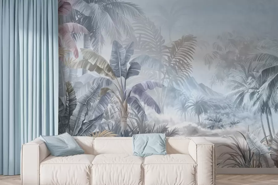 Carta da parati nature Foresta tropicale nei toni tenui del blu 