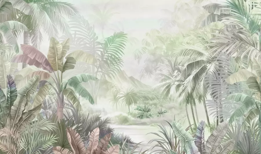 Carta da parati nature Foresta pluviale in tenui toni verdi 