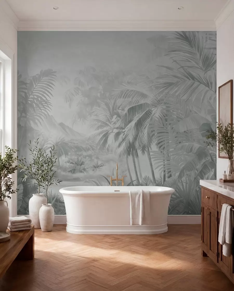 Carta da parati nature Foresta pluviale in morbidi toni di grigio 
