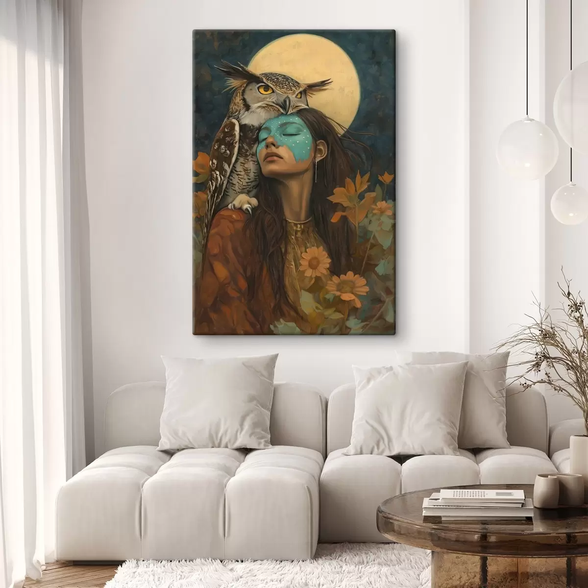 carta da parati Donna con gufo, stile tribale, luna piena, fiori nr. s41444