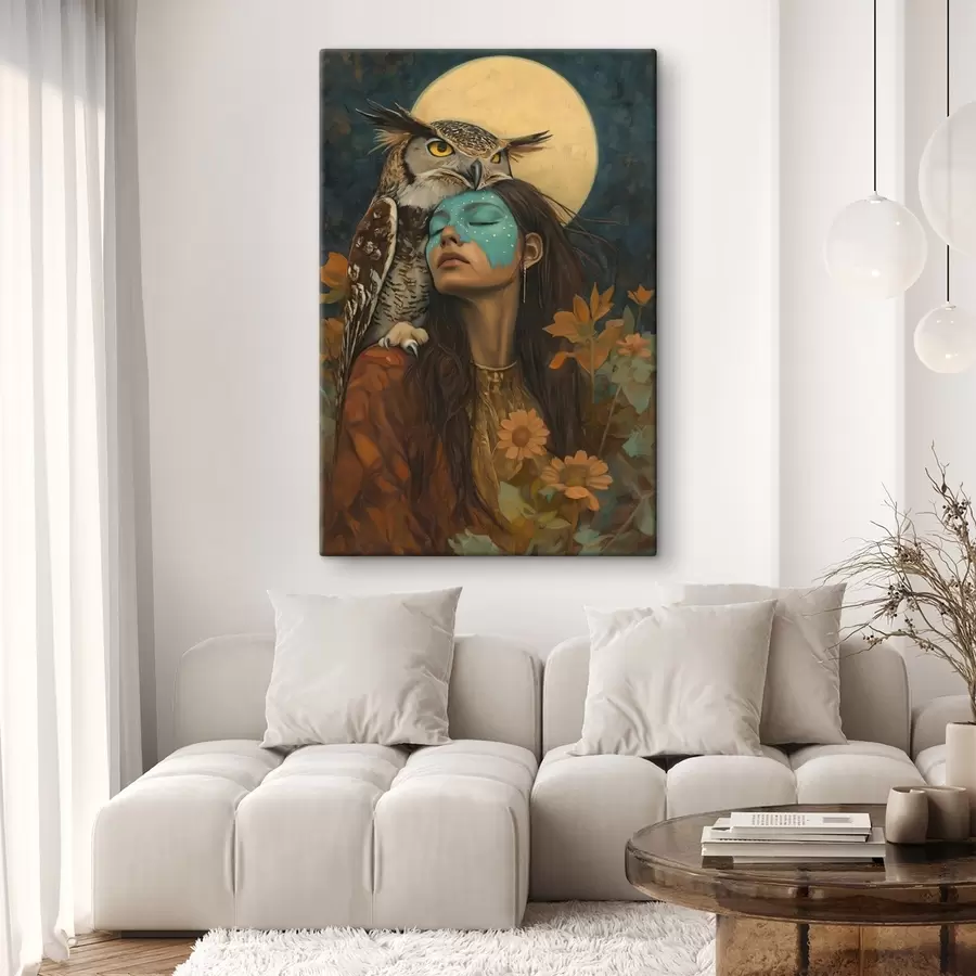 carta da parati Donna con gufo, stile tribale, luna piena, fiori nr. s41444