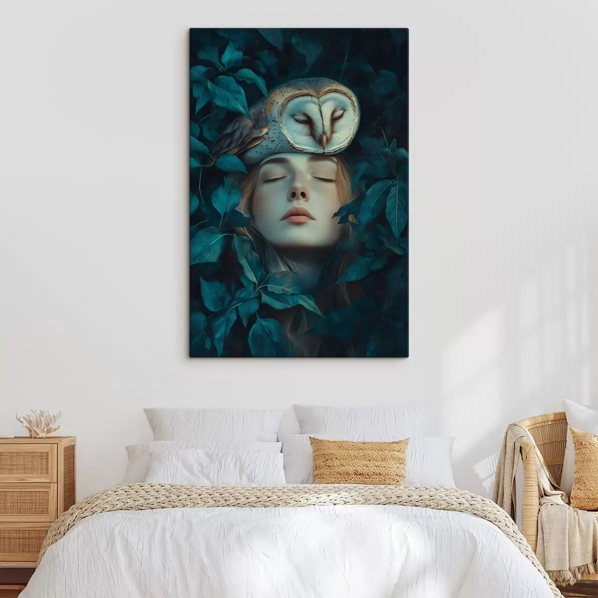 carta da parati Donna con gufo tra le foglie verdi, pace, natura nr. s41445