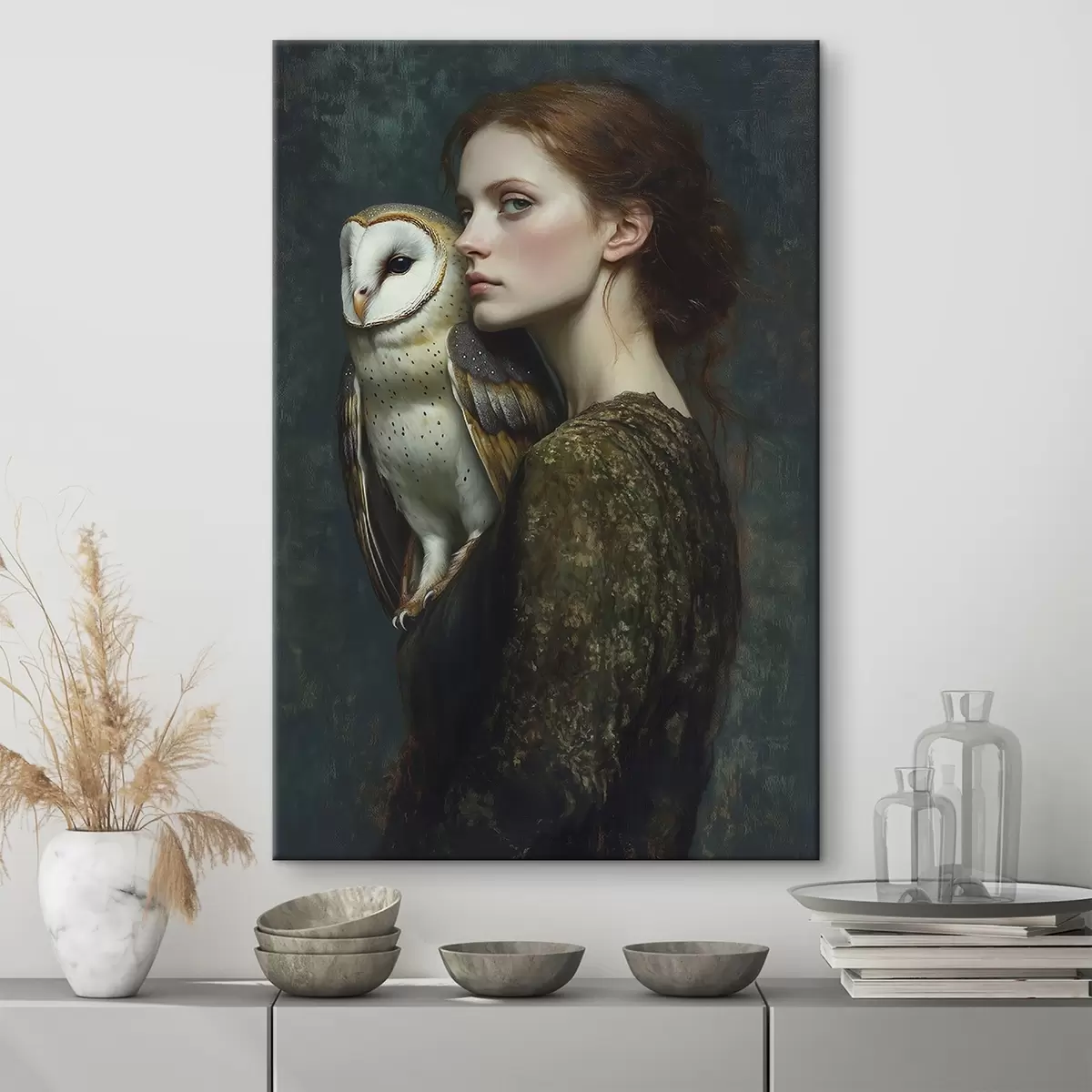 carta da parati Ritratto di donna con gufo sulla spalla, pennellate, acrilico nr. s41447