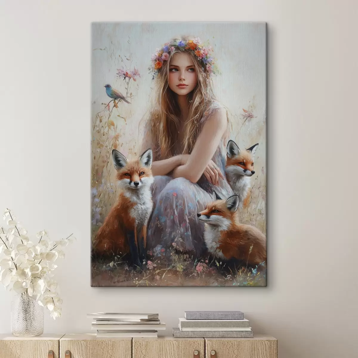 carta da parati Ragazza nel prato, animali selvatici, volpi, uccelli, ghirlanda floreale  nr. s41451