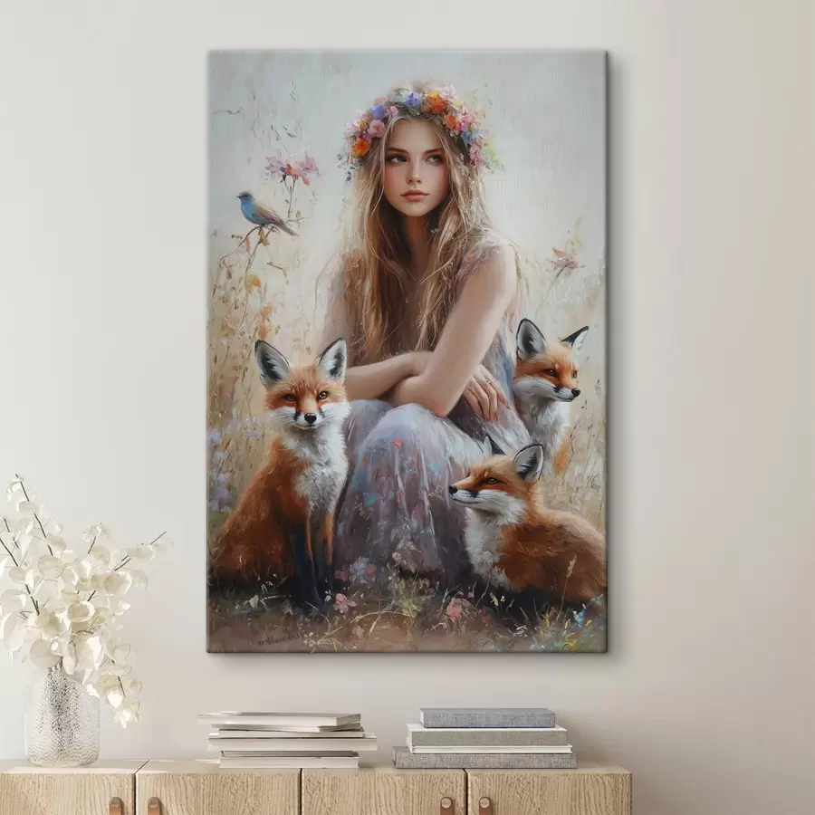 carta da parati Ragazza nel prato, animali selvatici, volpi, uccelli, ghirlanda floreale  nr. s41451