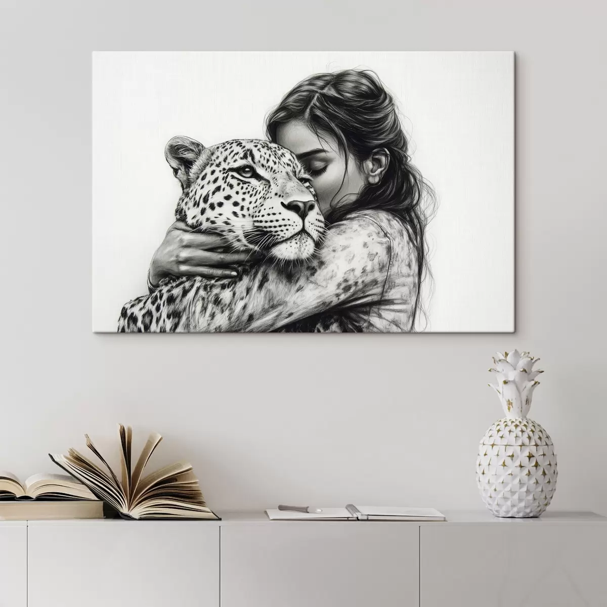 carta da parati Donna con leopardo, animali selvatici, disegno a matita, bianco e nero nr. s41455