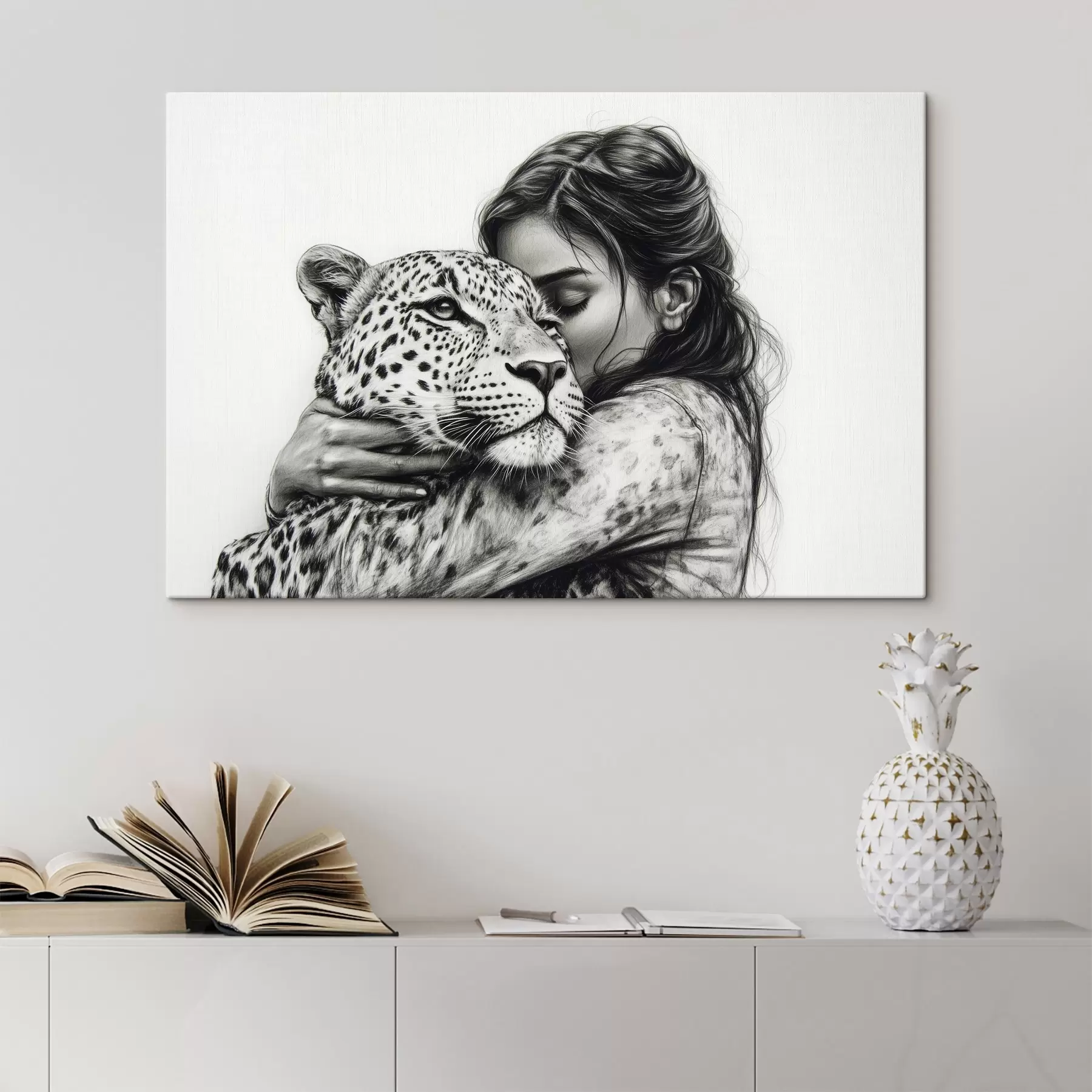 carta da parati Donna con leopardo, animali selvatici, disegno a matita, bianco e nero nr. s41455