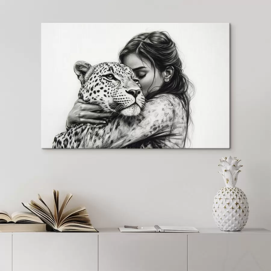 carta da parati Donna con leopardo, animali selvatici, disegno a matita, bianco e nero nr. s41455