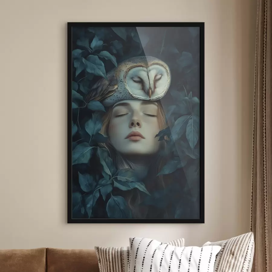 carta da parati Donna con gufo tra le foglie verdi, pace, natura nr. f41445