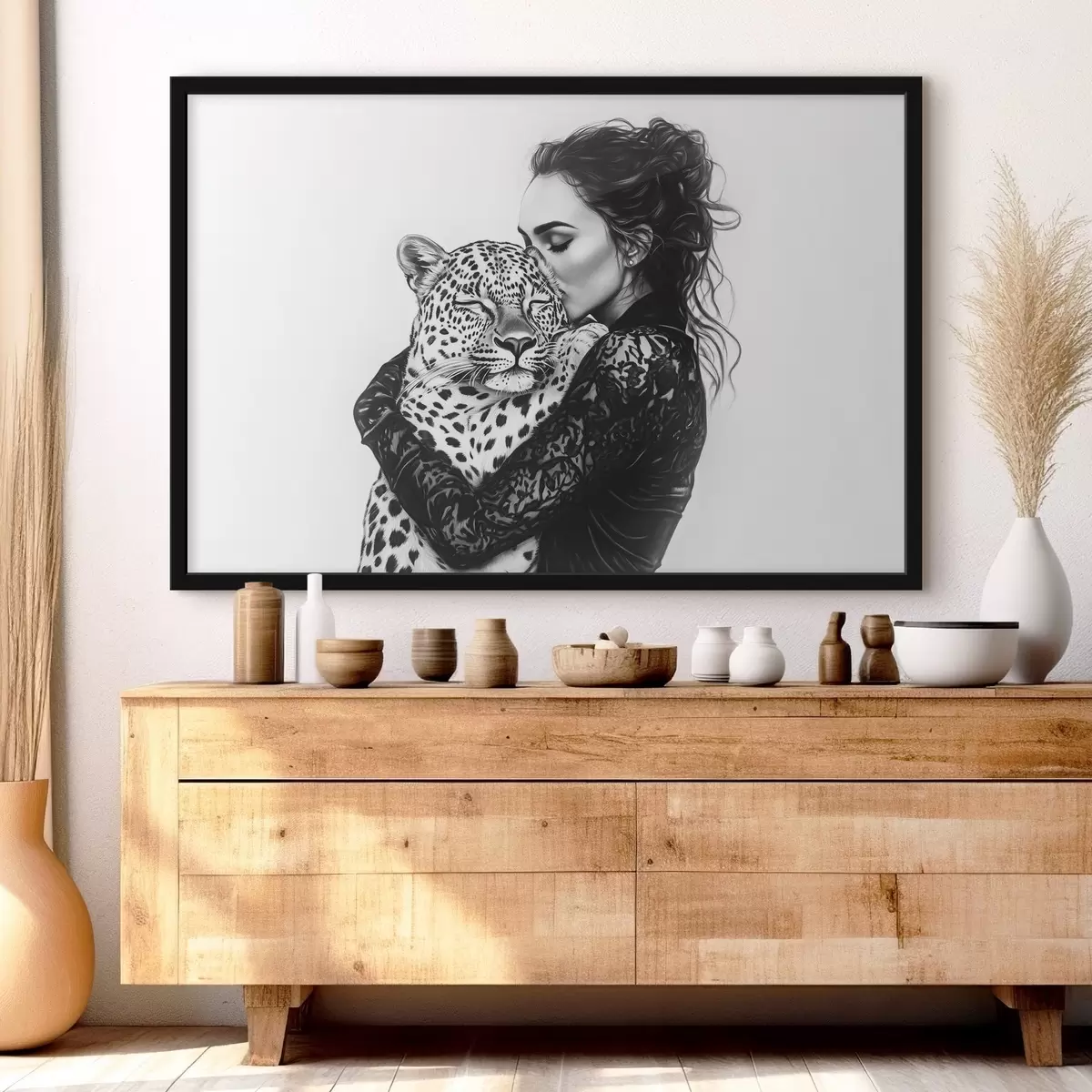 Poster Donna che bacia il leopardo, disegno a matita, animali selvatici, bianco e nero f41457