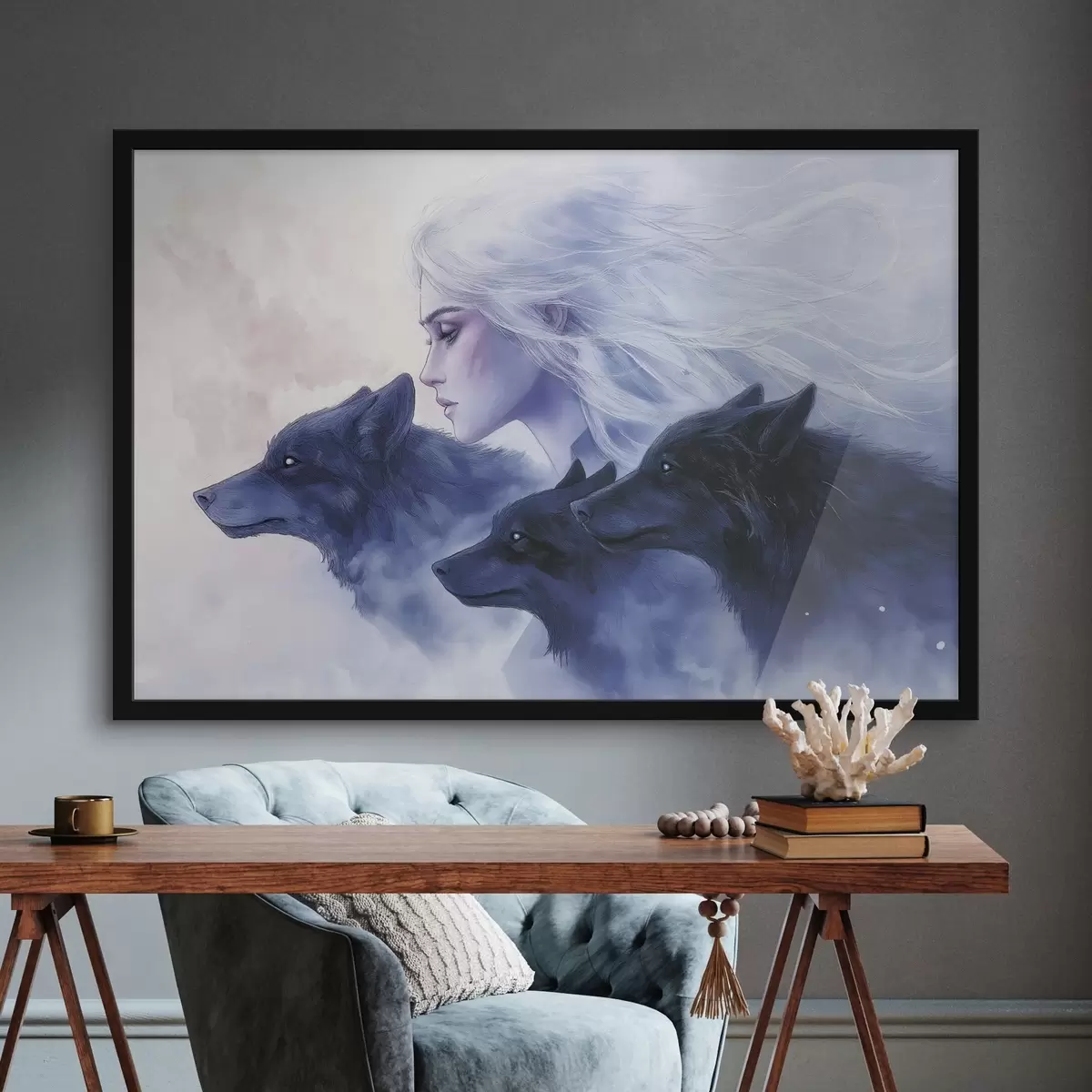 Poster Inverno, donna con lupi, nebbia, mistero f41460
