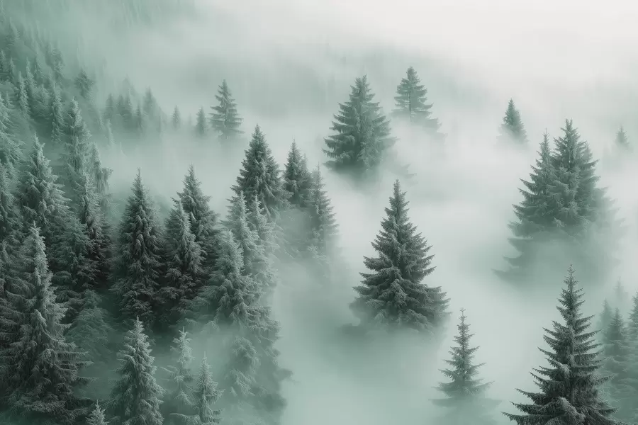 carta da parati Nebbia fitta che avvolge una foresta innevata al mattino con sfumature di verde nr. w02064v1