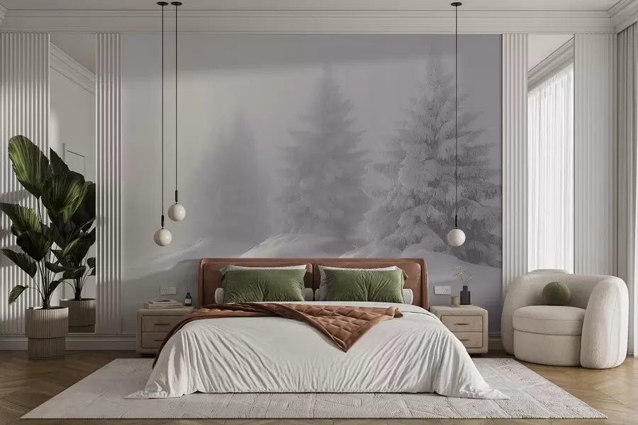 Carta da parati nature Abeti innevati nella solitudine di un mattino di nebbia 