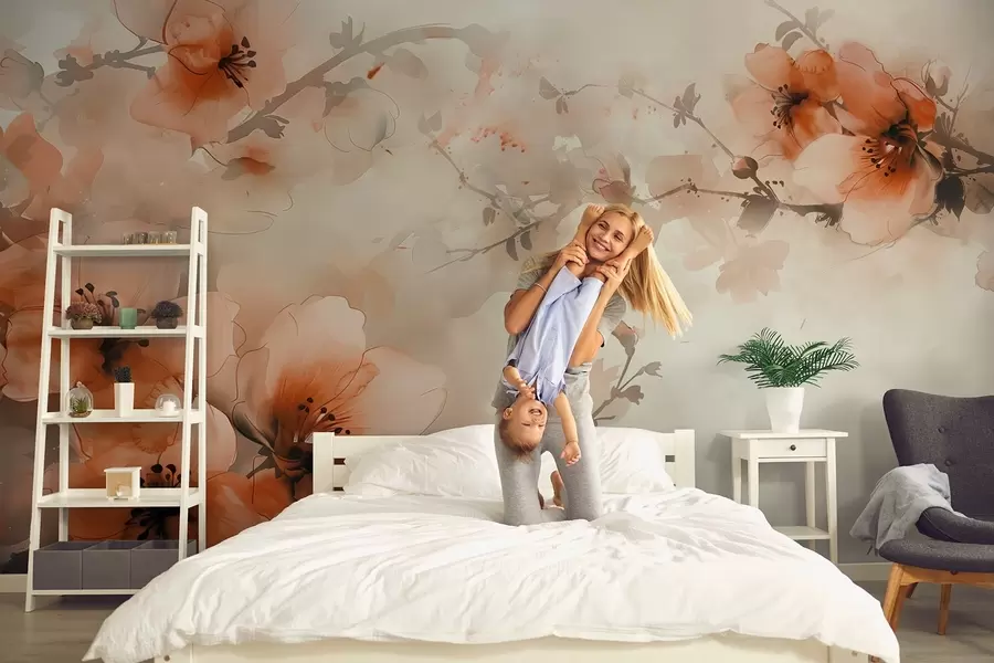 carta da parati Composizione acquerellata di fiori nelle calde tonalità del pesca e dell'arancio nr. w02068