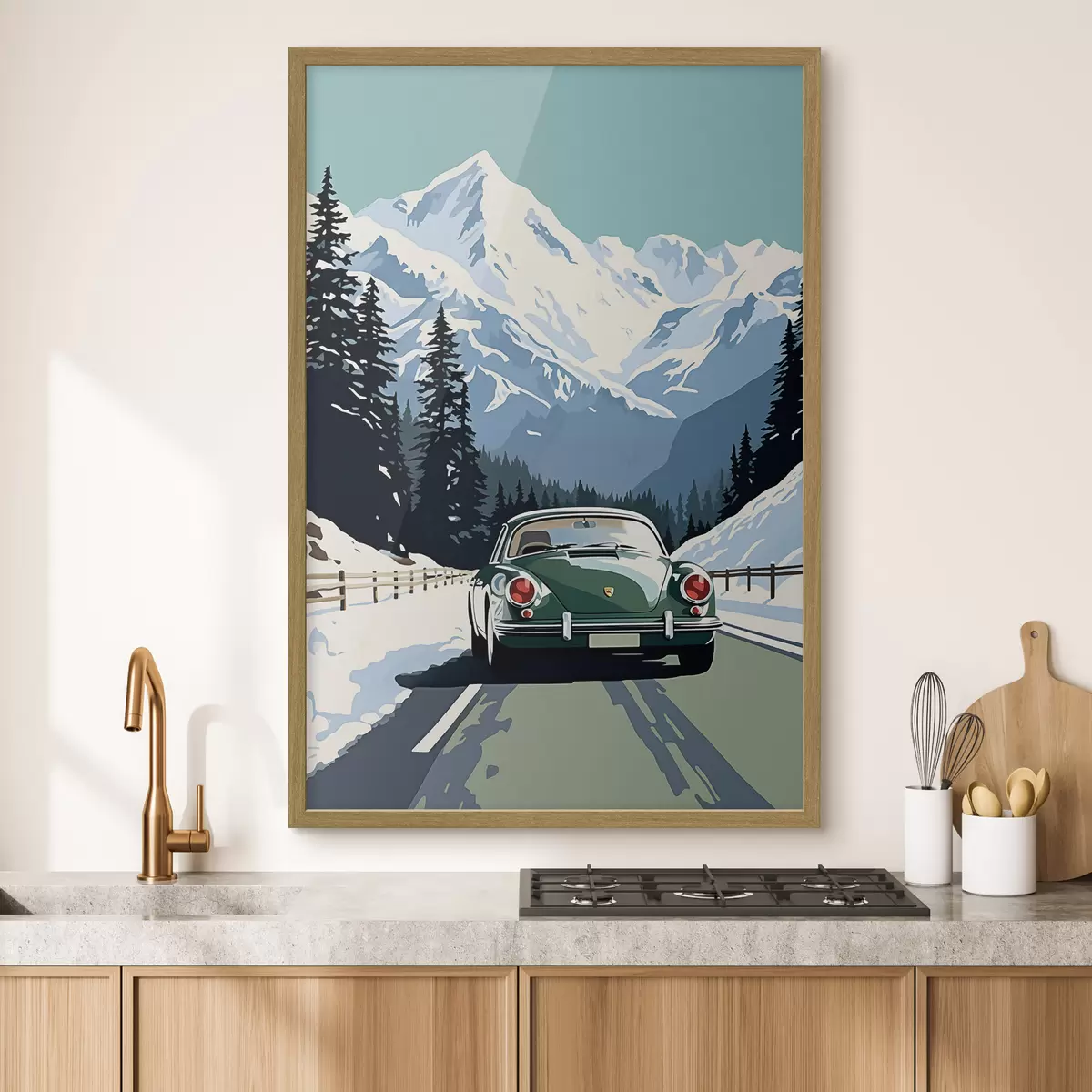 Poster Auto retrò su strada invernale di montagna f41478