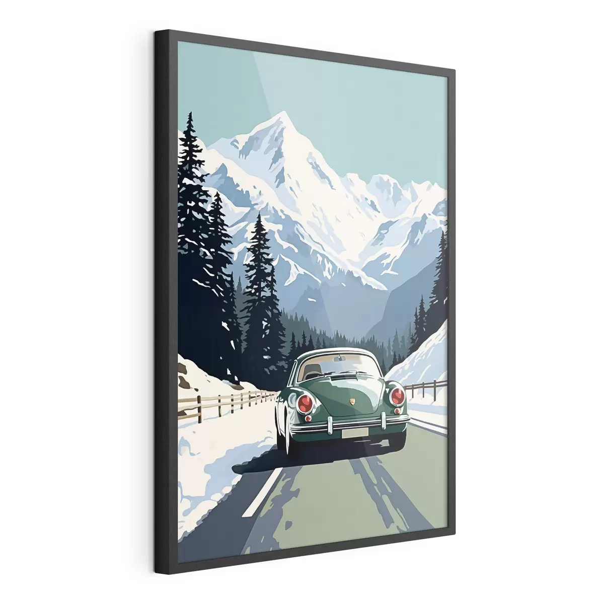 Poster Auto retrò su strada invernale di montagna f41478