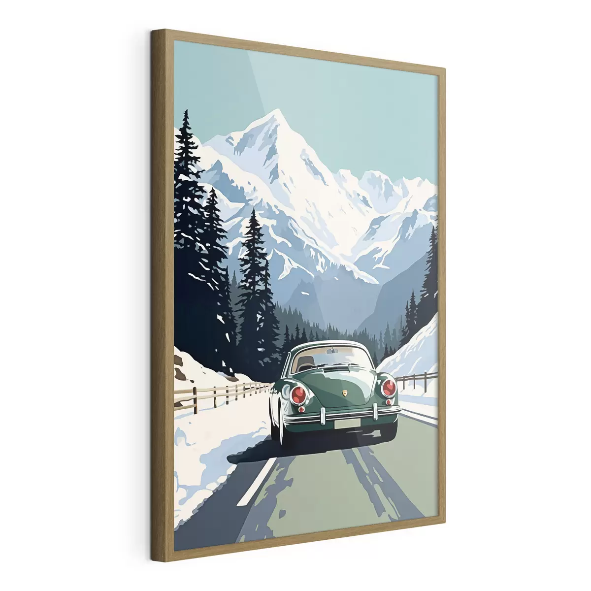 Poster Auto retrò su strada invernale di montagna f41478