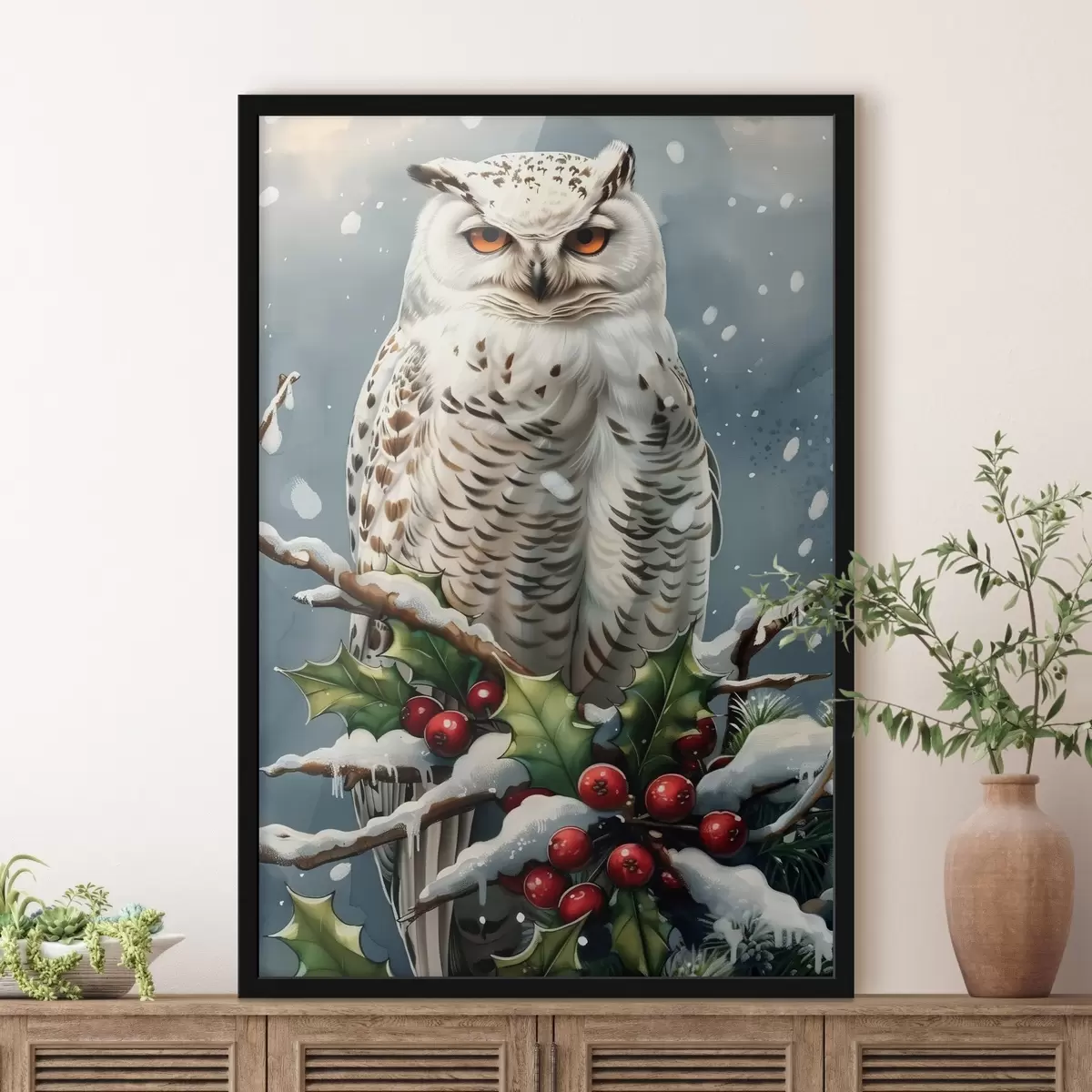 Poster Gufo su un ramo invernale con bacche e foglie f41482