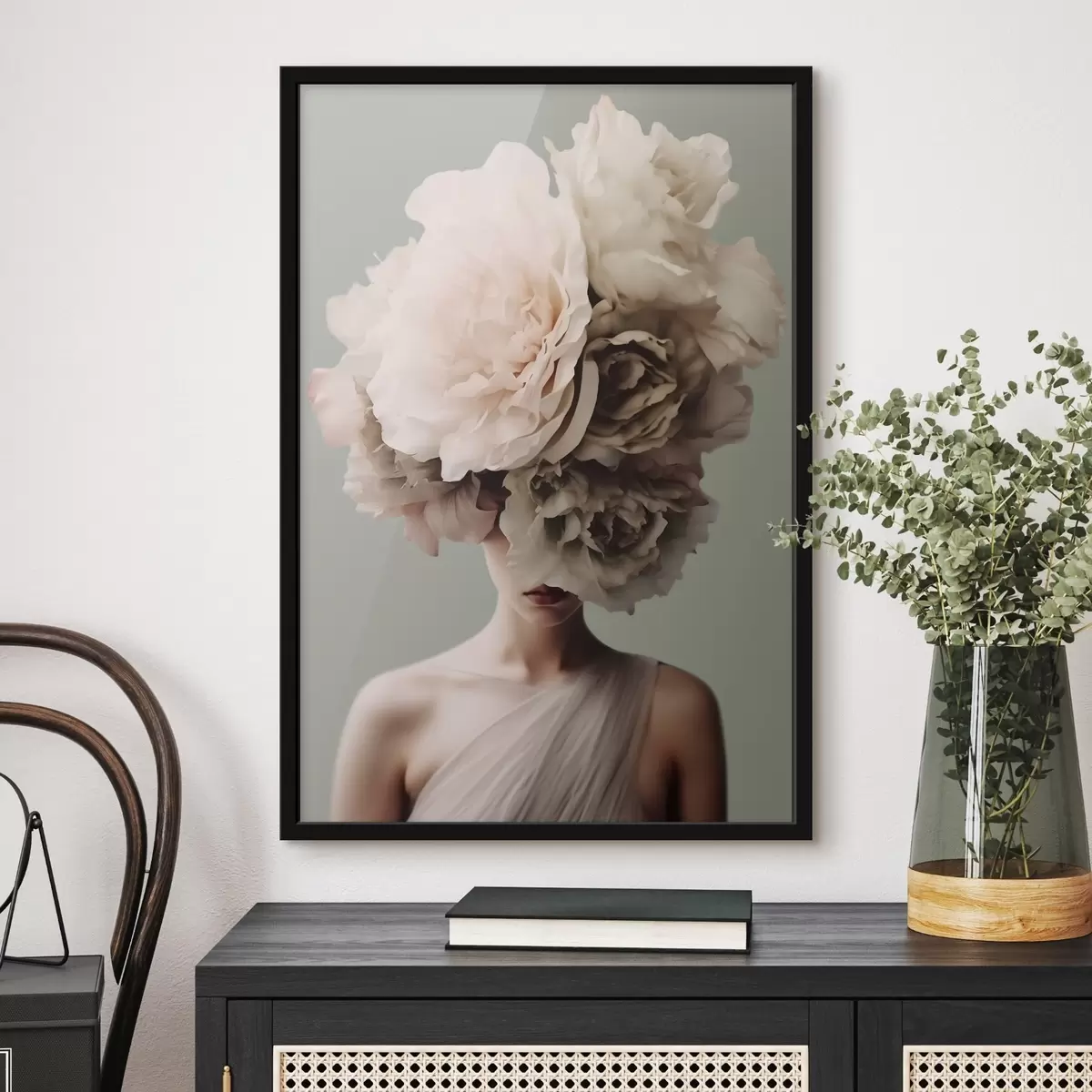 Poster Donna con grandi fiori in testa che nascondono il viso f41483