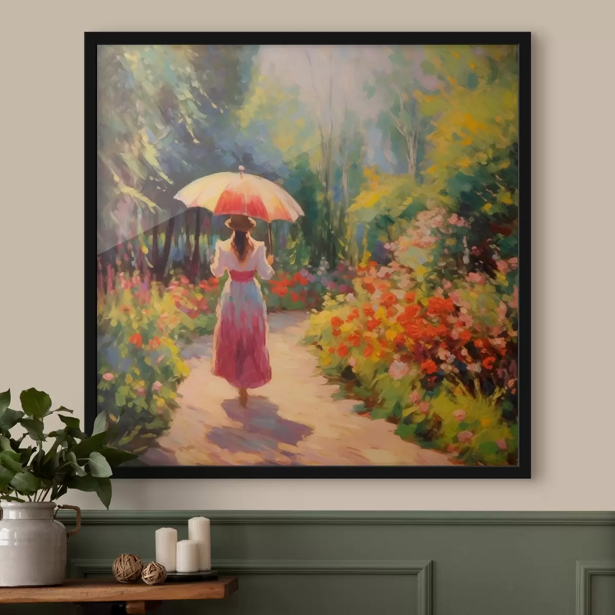 Poster Signora con ombrello in un giardino fiorito f41495