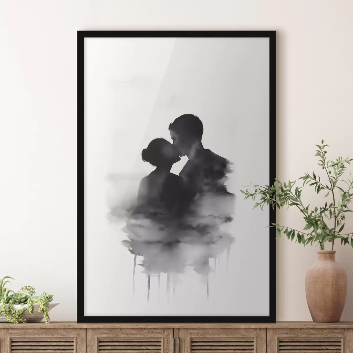 Poster Silhouette di una coppia con tecnica ad acquerello in bianco e nero f41496
