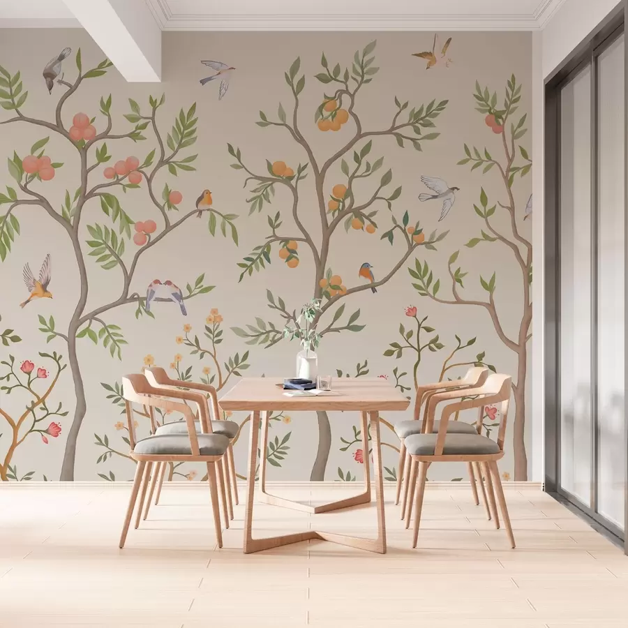 Carta da parati nature Design a cineserie con uccelli, alberi sinuosi, frutta e fiori 