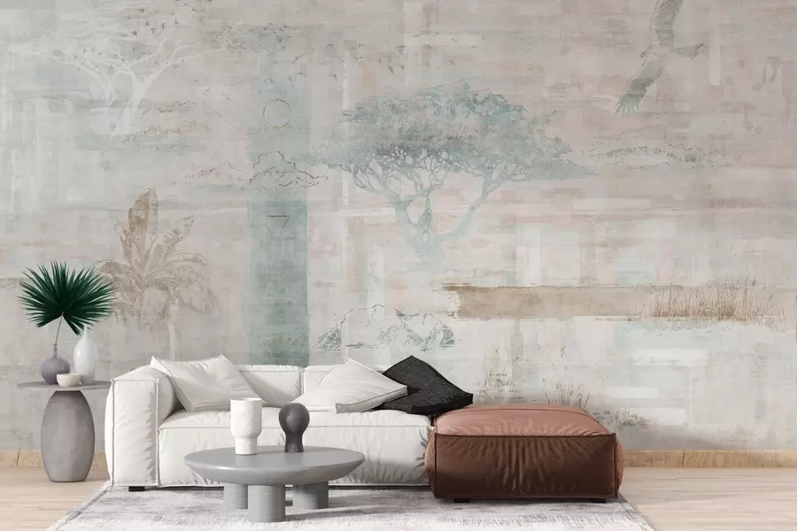 Carta da parati nature Design vintage effetto grunge con alberi, aquila ed elementi geometrici 