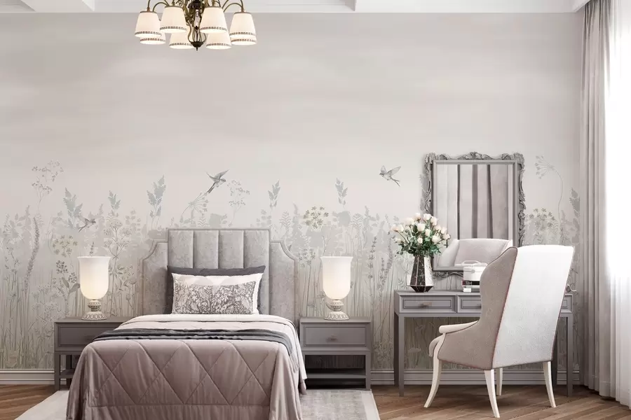 Carta da parati Floreale Fiori di campo vintage e cielo sfumato in toni pastello n. w02192