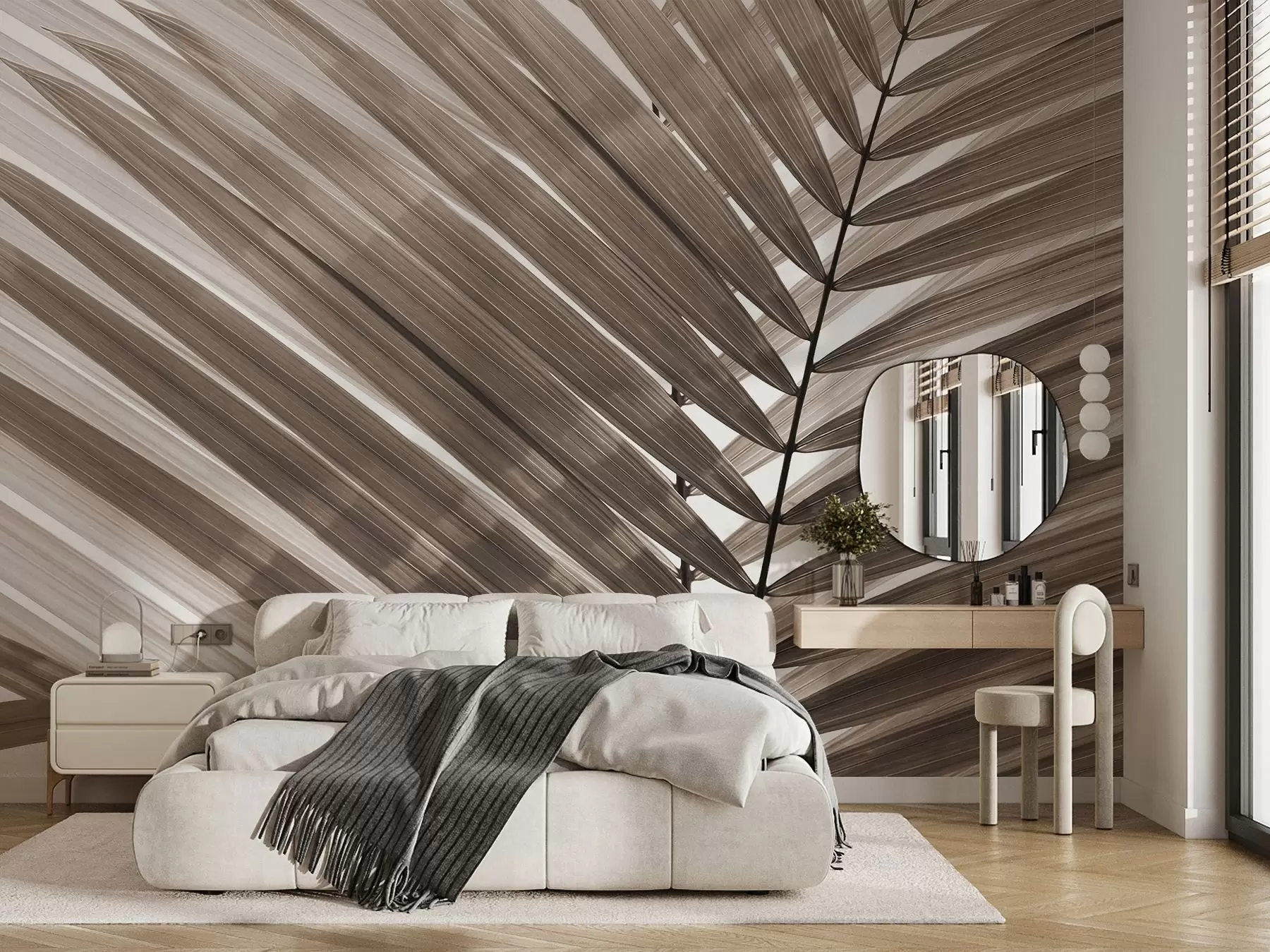 Carta da parati nature Eleganti foglie di palma in tenue color seppia 