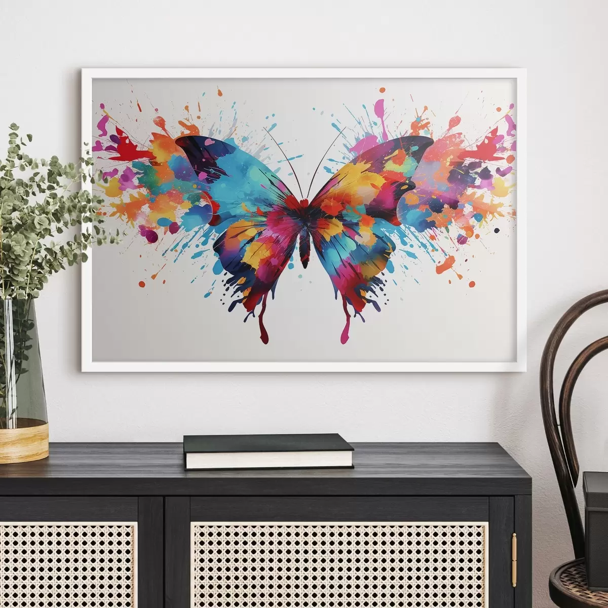 Poster Farfalla acquerellata su uno sfondo di schizzi di vernice multicolore f41560