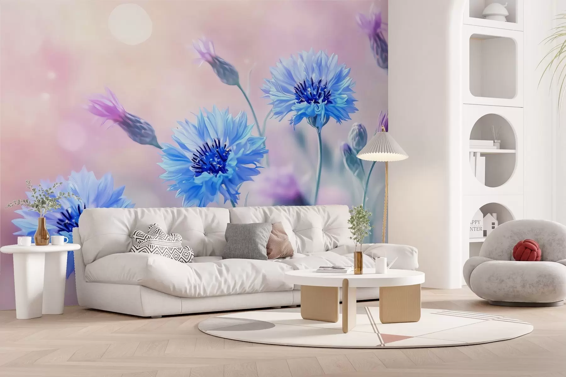 Carta da parati Fiori grandi Grandi fiori di fiordaliso su sfondo rosa pallido n. w02124