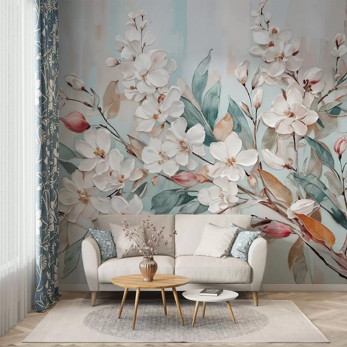 carta da parati Fiori bianchi pastello con centro rosa, circondati da foglie e rami verdi nr. w08399