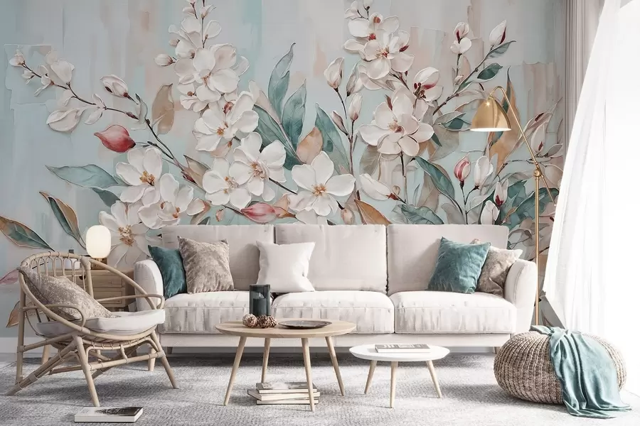 carta da parati Fiori bianchi pastello con centro rosa, circondati da foglie e rami verdi nr. w08399