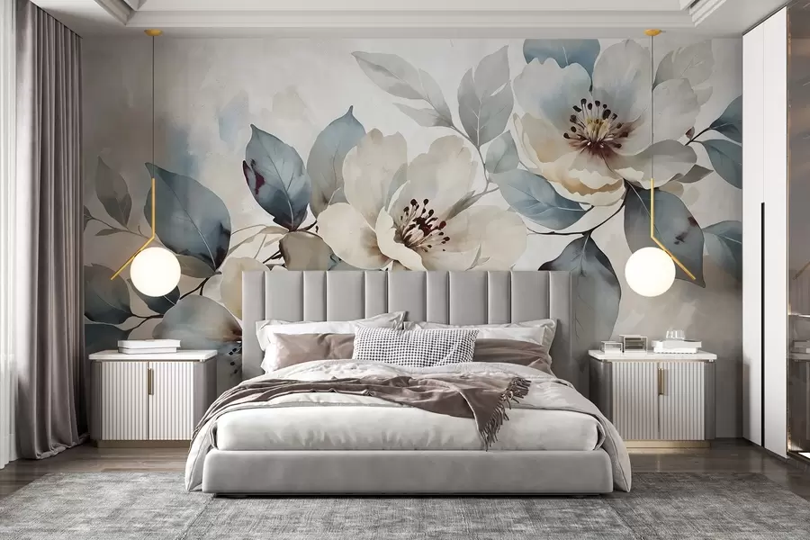 Carta da parati Floreale Delicata composizione floreale acquerellata bianca e blu, con petali e centri morbidi n. w08401