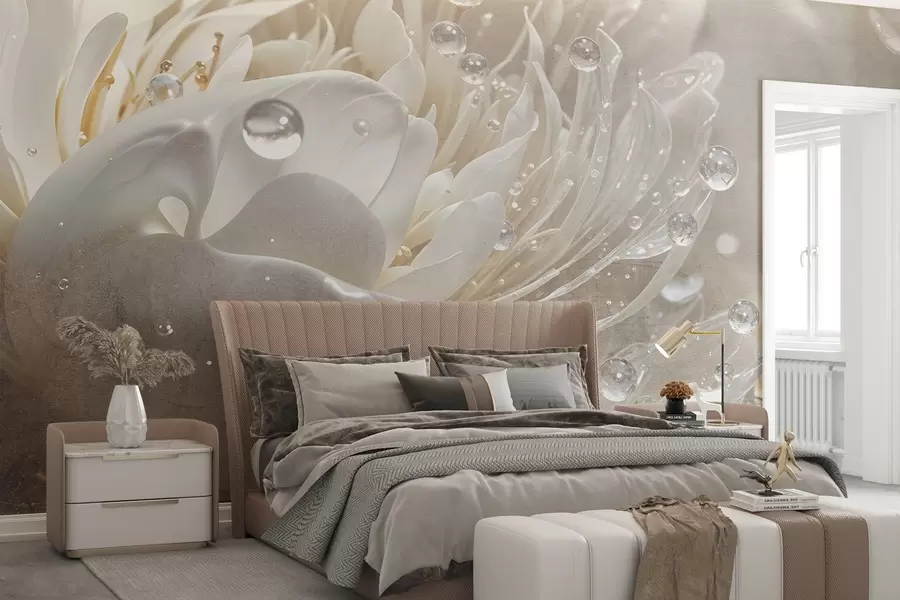 Carta da parati Floreale Primo piano di un fiore di peonia beige con gocce d'acqua sui suoi petali delicati, che creano un'atmosfera soffusa n. w08402