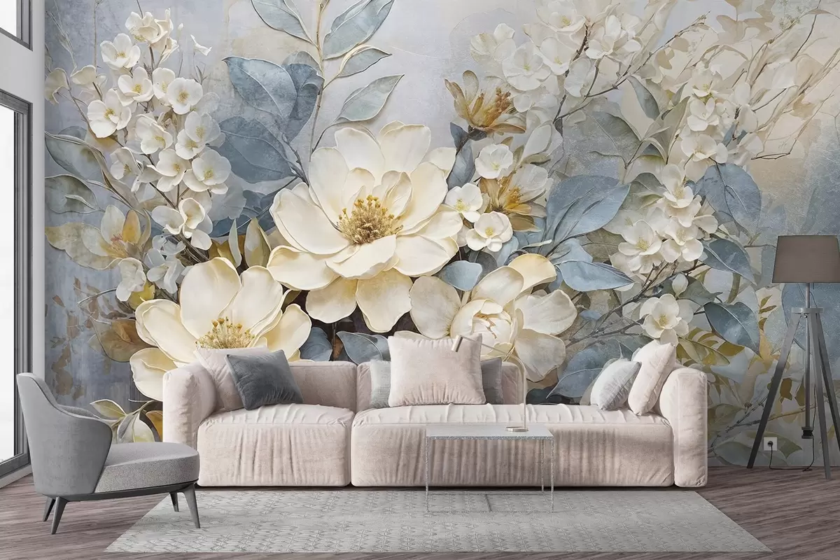 carta da parati Grandi fiori bianchi e giallo pallido con foglie grigio-verdi su uno sfondo morbido e sfocato nr. w08404