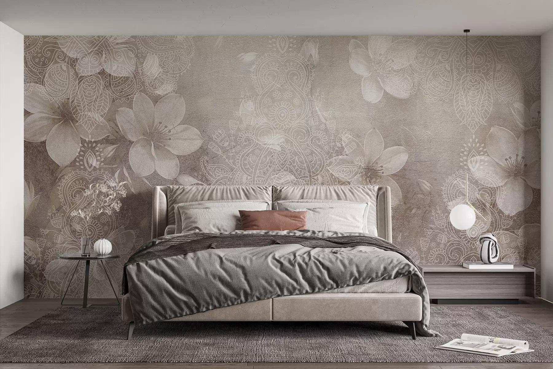 carta da parati Disegno a fuoco morbido di delicati fiori bianchi su uno sfondo beige di pizzo sfocato e strutturato nr. w08405v1