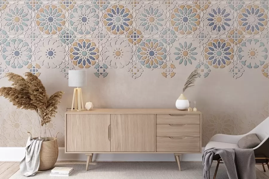 carta da parati Una parete strutturata con una stampa ripetuta di disegni intricati e decorati nei toni del blu, del grigio e del beige nr. w08407